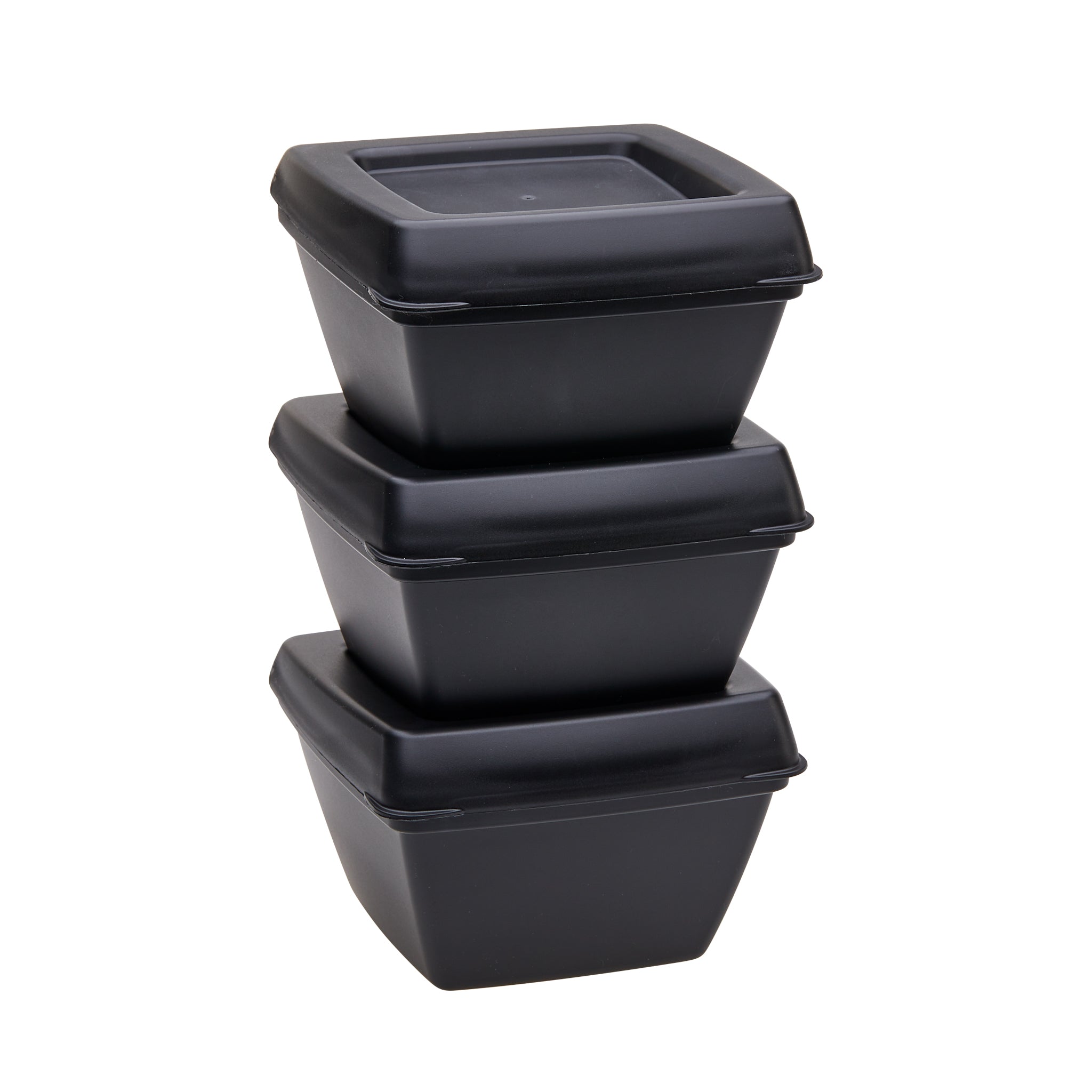 3 food containers in black pp stacked ontop of each other